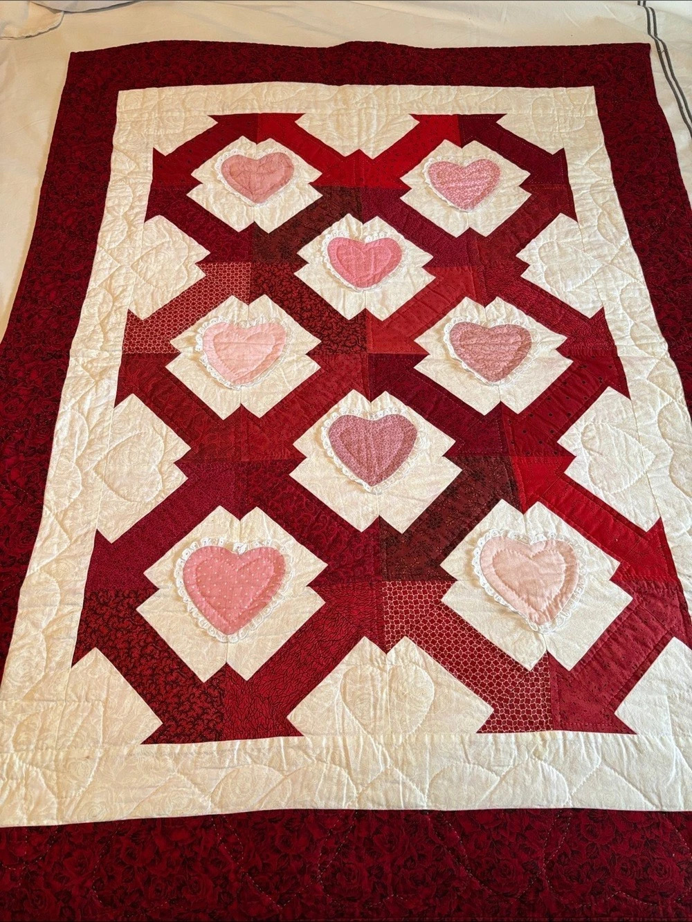 Heart Appliqué Quilted Throw in Red & Pink